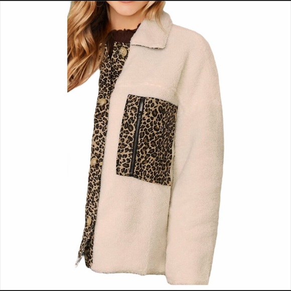 Shein- Teddy Leopard Faux Sherpa Button Up Jacket - Picture 4 of 15